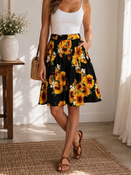 handmade Dresses & Skirts - Vintage Handmade Artisan Sunflower Floral Knee Length Lightweight Skirt Large